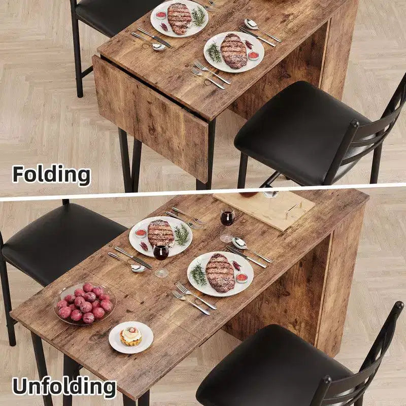Ensemble Table et Chaises de Bar Coolmee, Ensemble Table de Bar 3 Pièces avec Rallonge Rabattable et Étagères de Rangement, Ensemble Table à Manger pour 2 Personnes