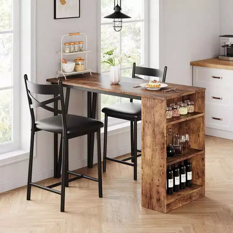 Ensemble Table et Chaises de Bar Coolmee, Ensemble Table de Bar 3 Pièces avec Rallonge Rabattable et Étagères de Rangement, Ensemble Table à Manger pour 2 Personnes