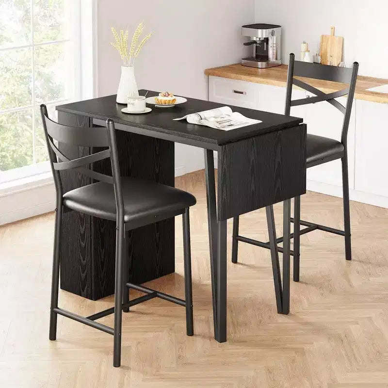 Ensemble Table et Chaises de Bar Coolmee, Ensemble Table de Bar 3 Pièces avec Rallonge Rabattable et Étagères de Rangement, Ensemble Table à Manger pour 2 Personnes