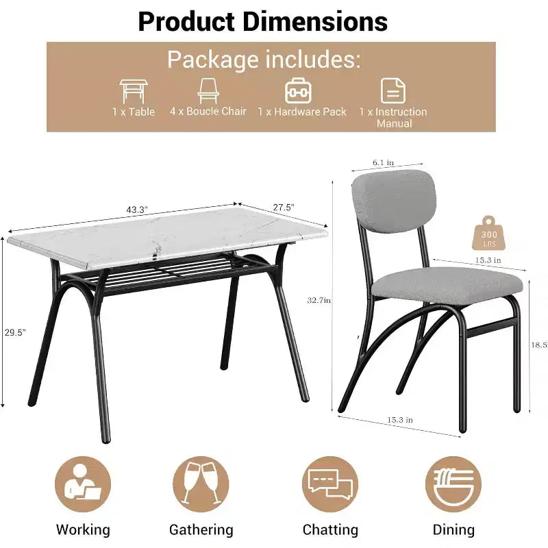 Ensemble table à manger 5 pièces COZONY avec 4 chaises en tissu bouclé, plateau de table rectangulaire en marbre avec étagère de rangement, mobilier de salle à manger moderne beige