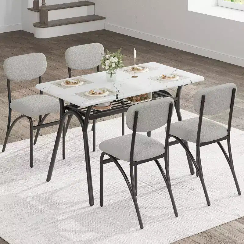 Ensemble table à manger 5 pièces COZONY avec 4 chaises en tissu bouclé, plateau de table rectangulaire en marbre avec étagère de rangement, mobilier de salle à manger moderne beige