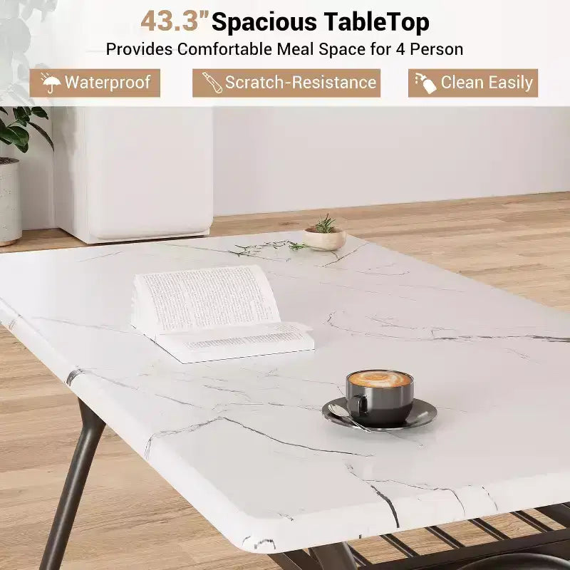 Ensemble table à manger 5 pièces COZONY avec 4 chaises en tissu bouclé, plateau de table rectangulaire en marbre avec étagère de rangement, mobilier de salle à manger moderne beige