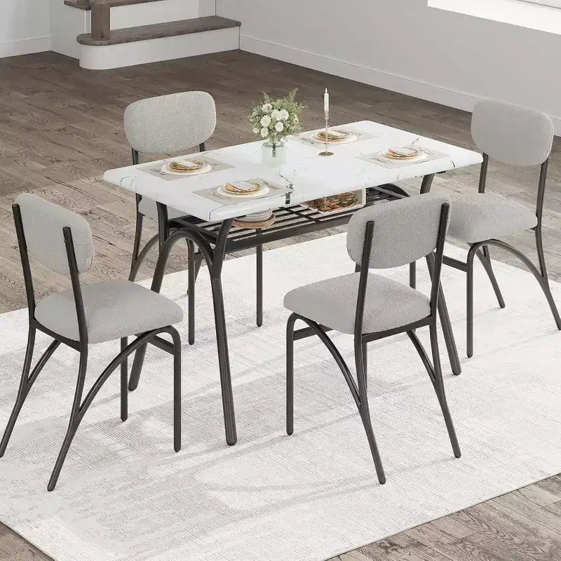 Ensemble table à manger 5 pièces COZONY avec 4 chaises en tissu bouclé, plateau de table rectangulaire en marbre avec étagère de rangement, mobilier de salle à manger moderne beige