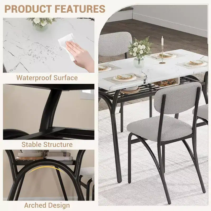 Ensemble table à manger 5 pièces COZONY avec 4 chaises en tissu bouclé, plateau de table rectangulaire en marbre avec étagère de rangement, mobilier de salle à manger moderne beige