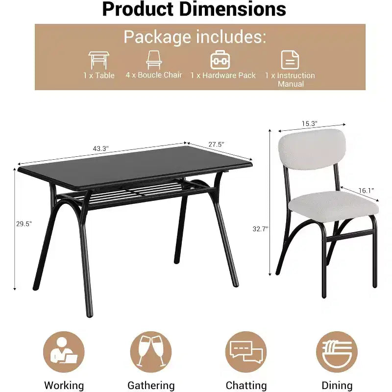 Ensemble table à manger 5 pièces COZONY avec 4 chaises en tissu bouclé, plateau de table rectangulaire en marbre avec étagère de rangement, mobilier de salle à manger moderne beige