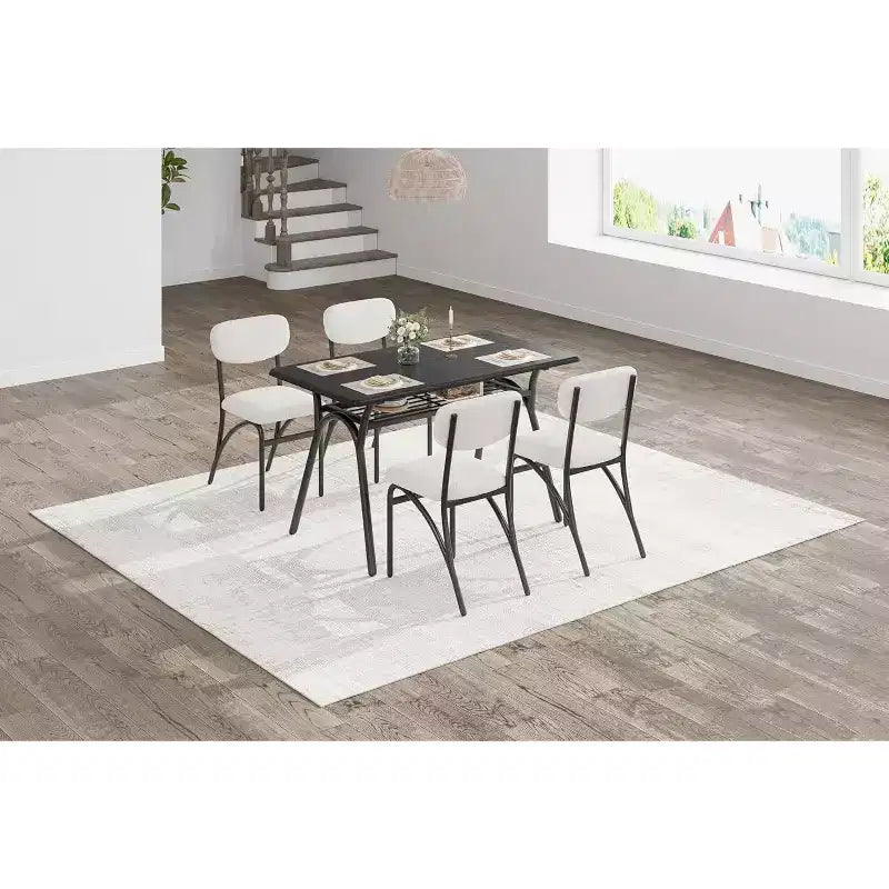 Ensemble table à manger 5 pièces COZONY avec 4 chaises en tissu bouclé, plateau de table rectangulaire en marbre avec étagère de rangement, mobilier de salle à manger moderne beige