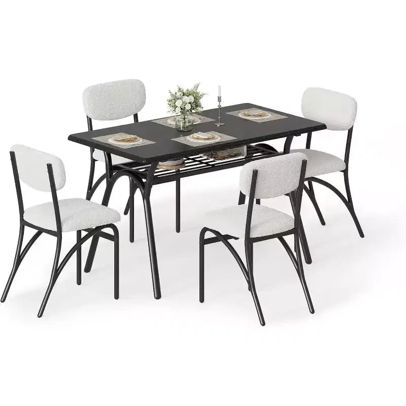 Ensemble table à manger 5 pièces COZONY avec 4 chaises en tissu bouclé, plateau de table rectangulaire en marbre avec étagère de rangement, mobilier de salle à manger moderne beige