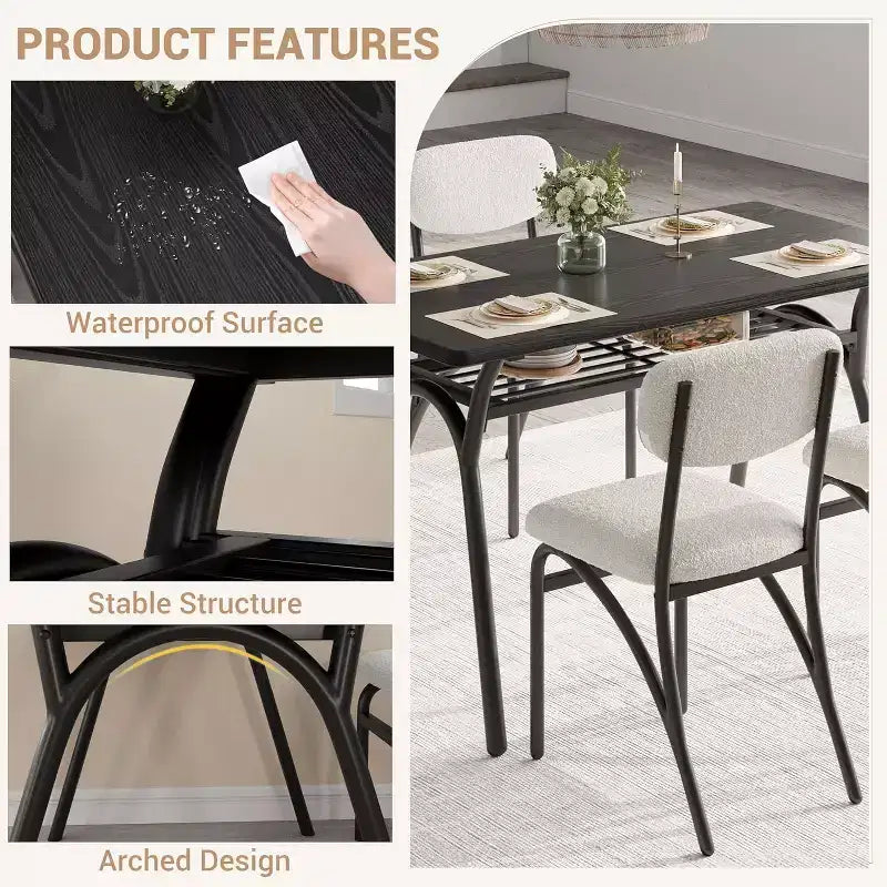 Ensemble table à manger 5 pièces COZONY avec 4 chaises en tissu bouclé, plateau de table rectangulaire en marbre avec étagère de rangement, mobilier de salle à manger moderne beige