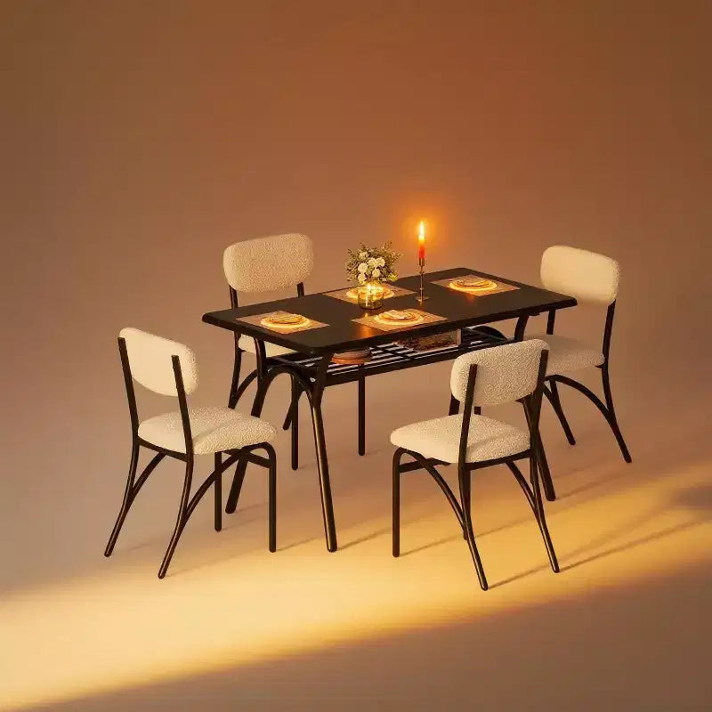 COZONY 5-Piece Dining Table Set with 4 Boucle Chairs, Rectangular Marble Tabletop with Storage Shelf, Beige Modern Dining Furniture