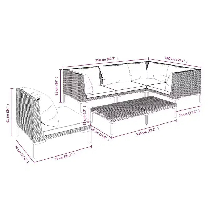 vidaXL Salon de jardin modulaire avec table, résine tressée, gris foncé