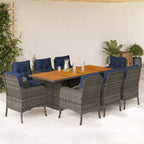 vidaXL Salon de jardin 9 pièces en résine tressée grise et bois d'acacia massif avec coussins bleus marine – Ensemble de meubles de jardin résistant aux intempéries