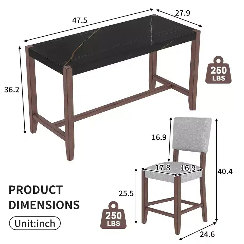 Ensemble table de salle à manger hauteur comptoir 5 pièces Bellemave, table de bar effet marbre et 4 chaises rembourrées, pour salle à manger, cuisine, pub