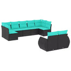vidaXL Patio Sofa Set Black Poly Rattan 9-Piece Set Adjustable Feet - Black and Blue Without Table