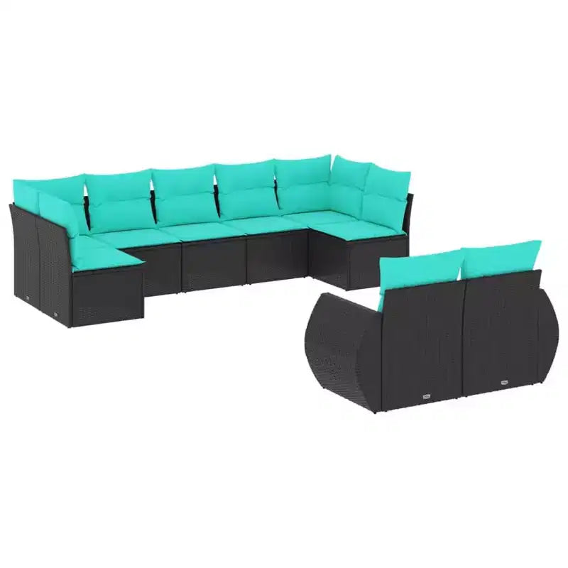 vidaXL Patio Sofa Set Black Poly Rattan 9-Piece Set Adjustable Feet - Black and Blue Without Table