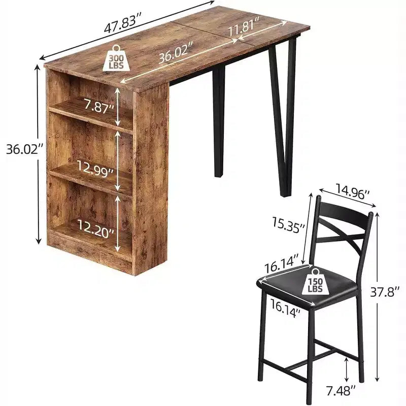 Ensemble de table de bar 3 pièces pour 2 personnes, ensemble table et chaises de bar avec extension relevable, ensemble de salle à manger avec étagères de rangement, convient aux petits espaces