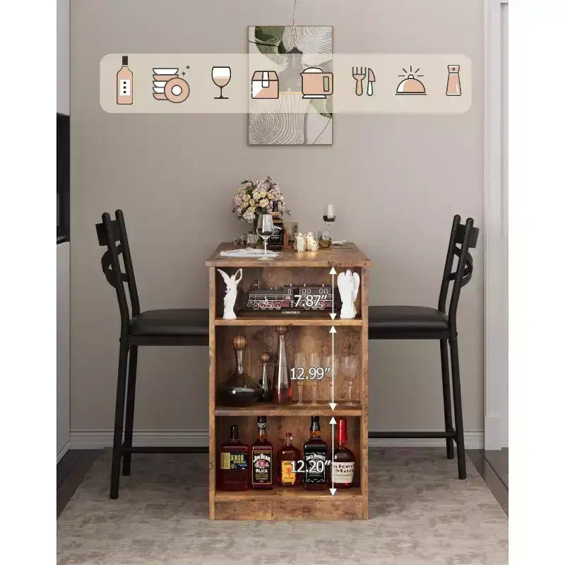 Ensemble de table de bar 3 pièces pour 2 personnes, ensemble table et chaises de bar avec extension relevable, ensemble de salle à manger avec étagères de rangement, convient aux petits espaces