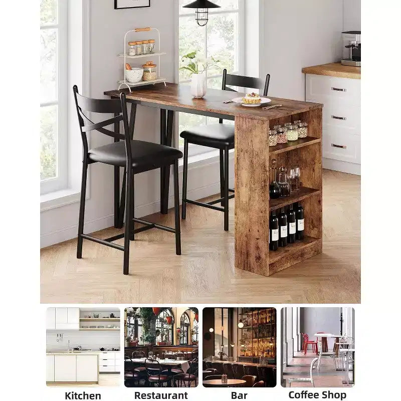 Ensemble de table de bar 3 pièces pour 2 personnes, ensemble table et chaises de bar avec extension relevable, ensemble de salle à manger avec étagères de rangement, convient aux petits espaces
