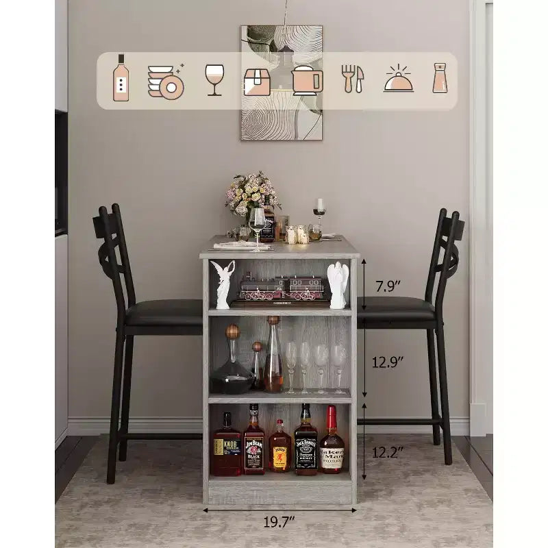 Ensemble de table de bar 3 pièces pour 2 personnes, ensemble table et chaises de bar avec extension relevable, ensemble de salle à manger avec étagères de rangement, convient aux petits espaces