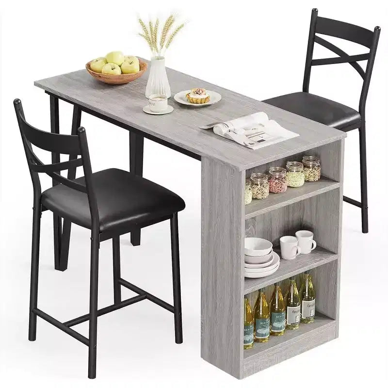 Ensemble de table de bar 3 pièces pour 2 personnes, ensemble table et chaises de bar avec extension relevable, ensemble de salle à manger avec étagères de rangement, convient aux petits espaces