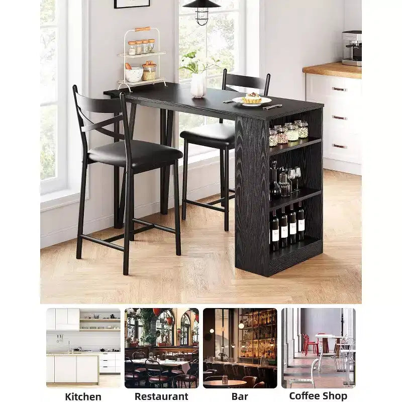 Ensemble de table de bar 3 pièces pour 2 personnes, ensemble table et chaises de bar avec extension relevable, ensemble de salle à manger avec étagères de rangement, convient aux petits espaces