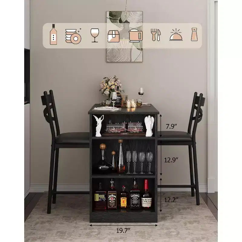 Ensemble de table de bar 3 pièces pour 2 personnes, ensemble table et chaises de bar avec extension relevable, ensemble de salle à manger avec étagères de rangement, convient aux petits espaces