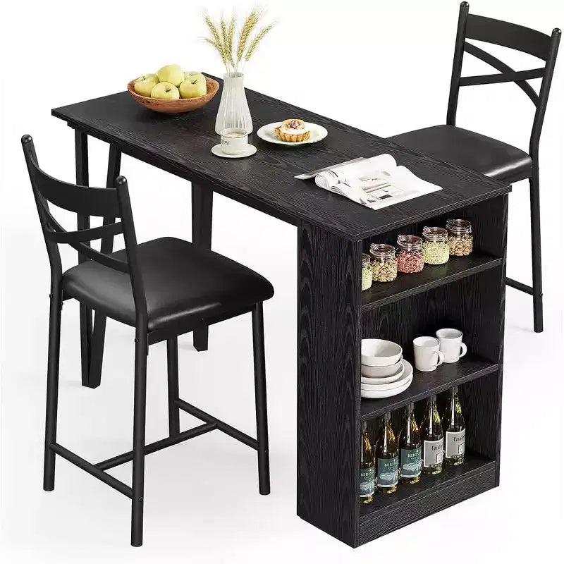 Ensemble de table de bar 3 pièces pour 2 personnes, ensemble table et chaises de bar avec extension relevable, ensemble de salle à manger avec étagères de rangement, convient aux petits espaces