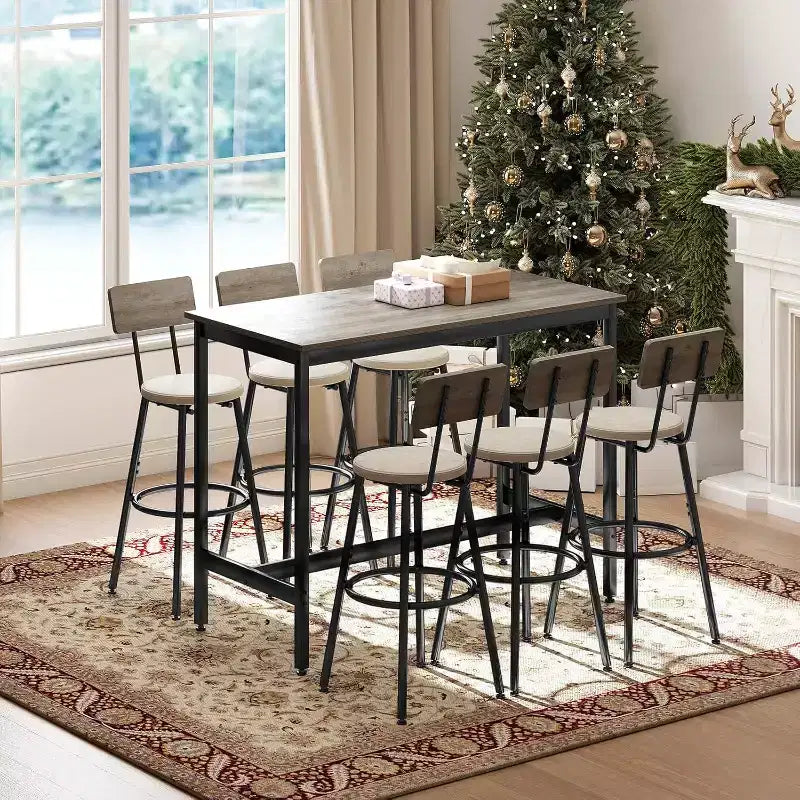 Ensemble de salle à manger Zevemomo 7 pièces hauteur comptoir, 6 tabourets rembourrés en PU, ensemble table haute peu encombrant pour petits espaces, gris