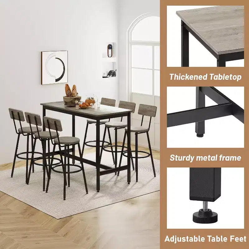 Ensemble de salle à manger Zevemomo 7 pièces hauteur comptoir, 6 tabourets rembourrés en PU, ensemble table haute peu encombrant pour petits espaces, gris