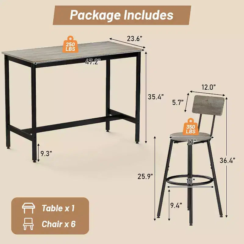 Ensemble de salle à manger Zevemomo 7 pièces hauteur comptoir, 6 tabourets rembourrés en PU, ensemble table haute peu encombrant pour petits espaces, gris