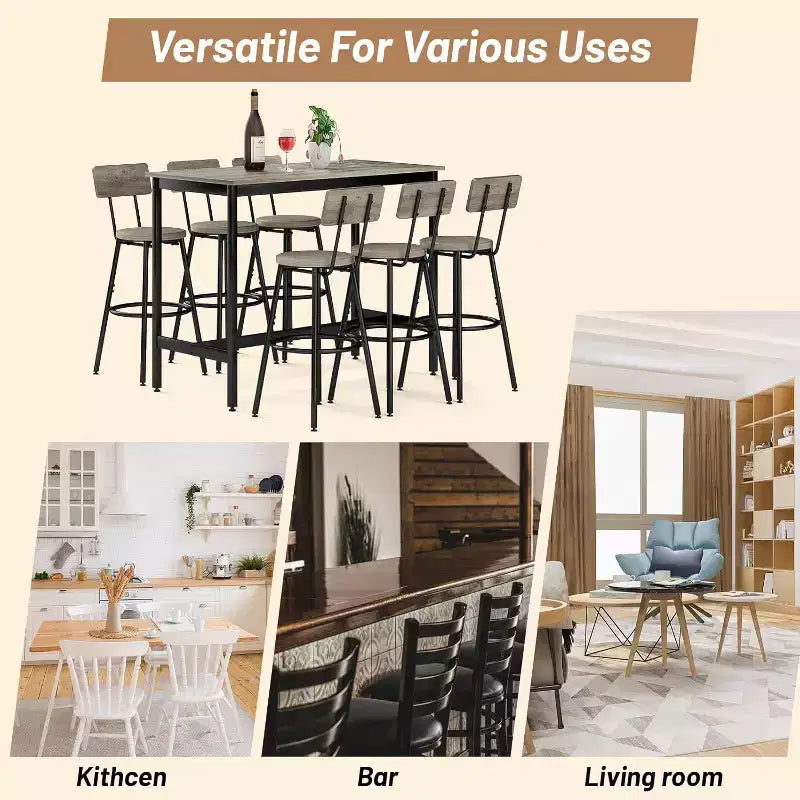 Ensemble de salle à manger Zevemomo 7 pièces hauteur comptoir, 6 tabourets rembourrés en PU, ensemble table haute peu encombrant pour petits espaces, gris