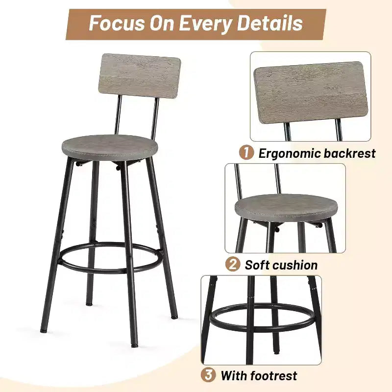 Ensemble de salle à manger Zevemomo 7 pièces hauteur comptoir, 6 tabourets rembourrés en PU, ensemble table haute peu encombrant pour petits espaces, gris