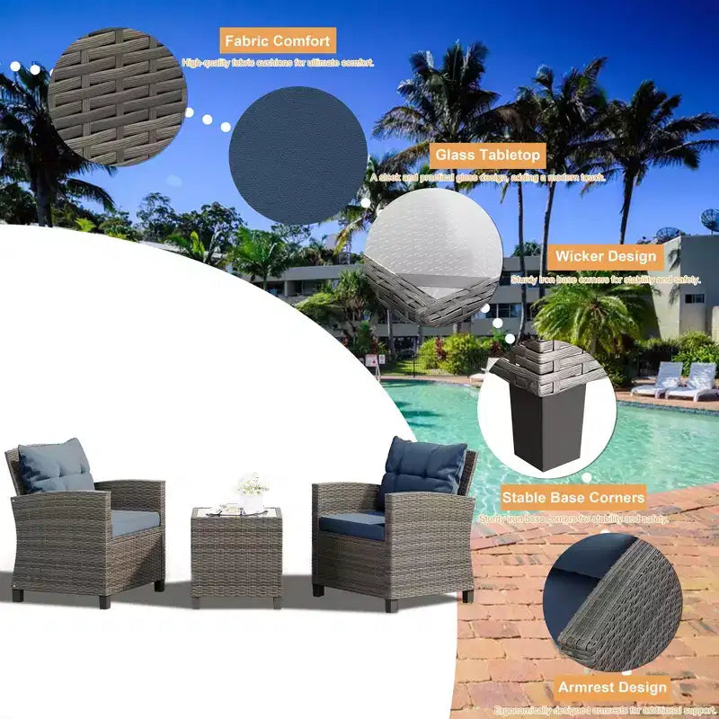 Celebalcony Salon de jardin 3 pièces, rotin PE, 3 pièces, avec coussins lavables et plateau de table en verre trempé