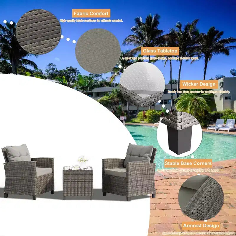 Celebalcony Salon de jardin 3 pièces, rotin PE, 3 pièces, avec coussins lavables et plateau de table en verre trempé