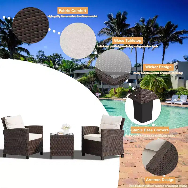 Celebalcony Salon de jardin 3 pièces, rotin PE, 3 pièces, avec coussins lavables et plateau de table en verre trempé