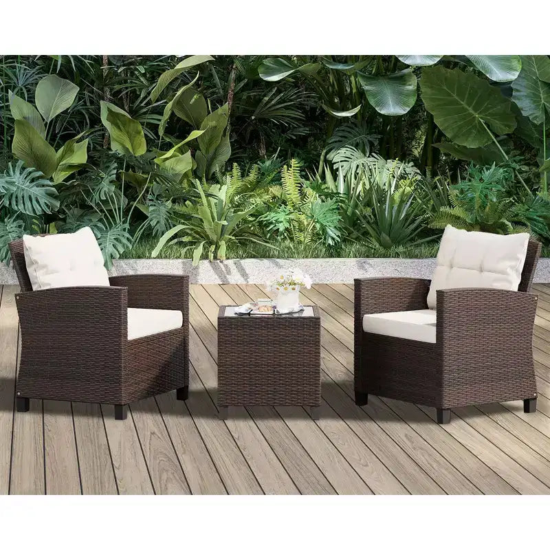 Celebalcony 3 Pieces Patio Conversation Furniture Set, PE Rattan Wicker 3 Pcs Outdoor Sofa Set w/Washable Cushion and Tempered Glass Tabletop
