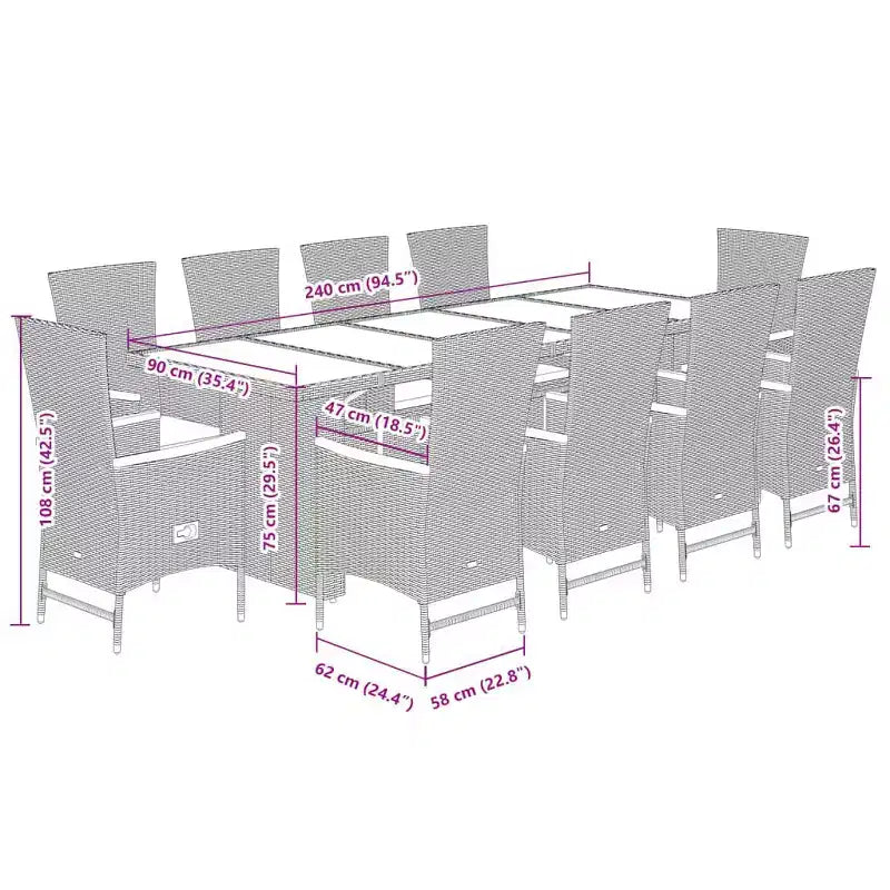 vidaXL Salon de jardin gris en résine tressée, acier laqué, verre trempé