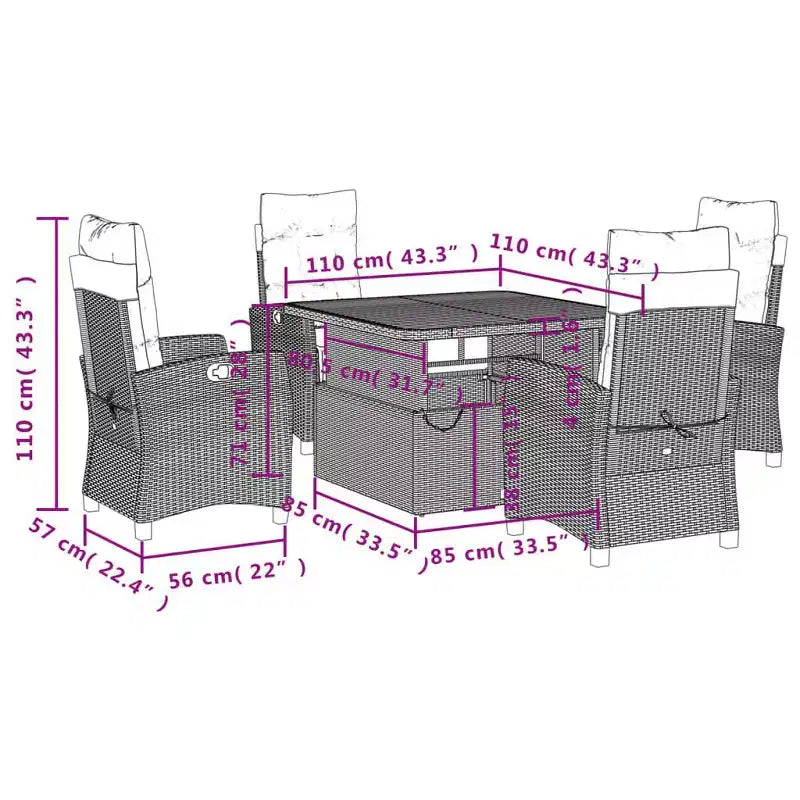 vidaXL Ensemble de salle à manger d'extérieur 5 pièces - Résine tressée noire avec coussins crème, table réglable, chaises inclinables