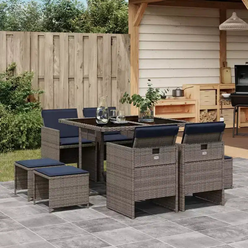 vidaXL Salon de jardin, table et chaises d'extérieur pliantes en rotin PE gris, 8 places