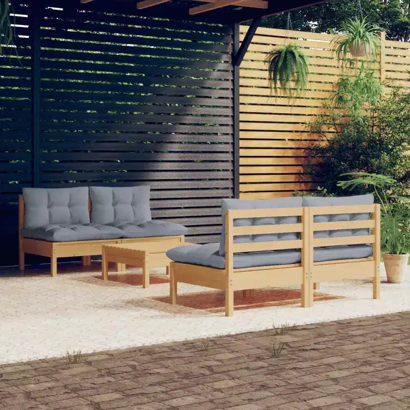 vidaXL Salon de jardin 5 pièces avec coussins gris Bois de pin - Marron et gris