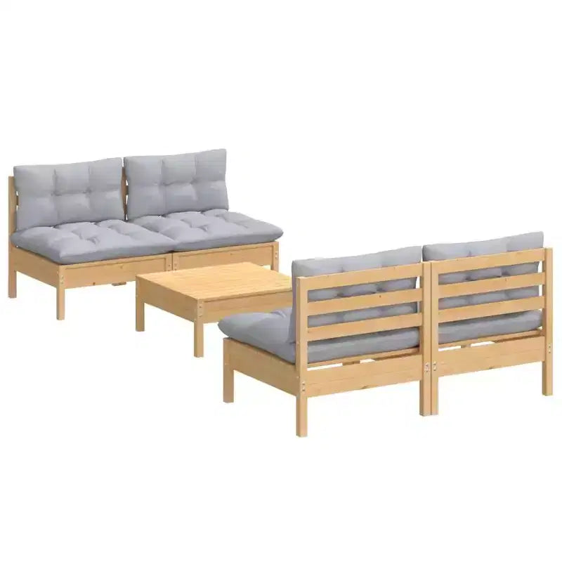 vidaXL Salon de jardin 5 pièces avec coussins gris Bois de pin - Marron et gris