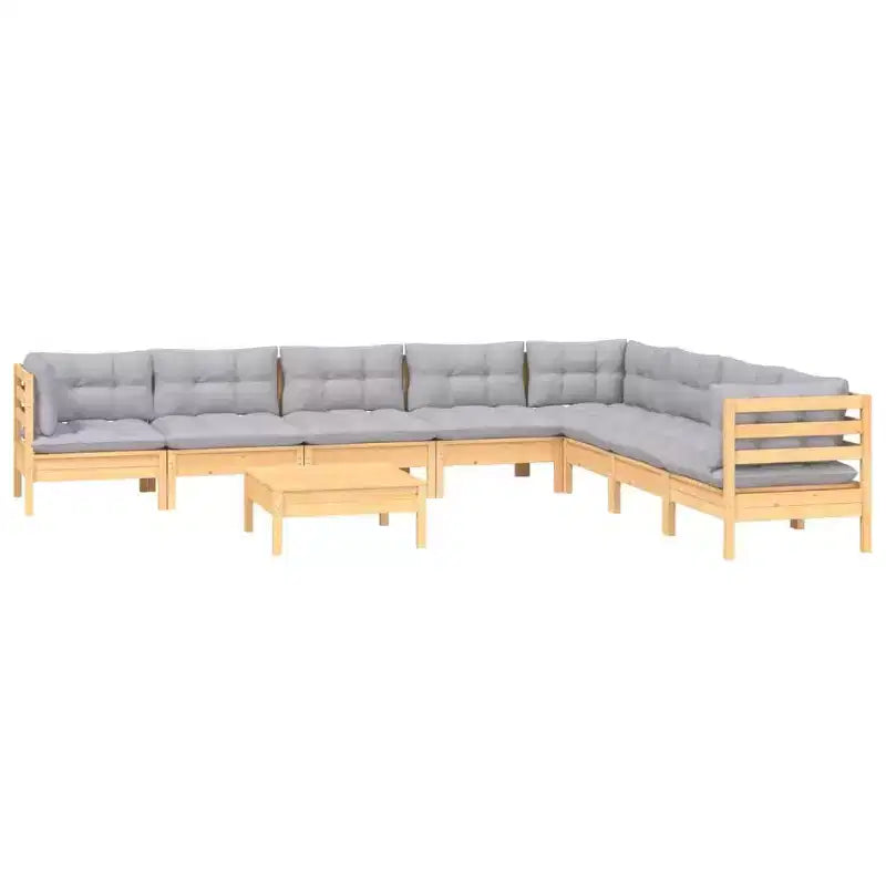 vidaXL Salon de jardin 9 pièces en pin massif avec coussins - Marron et gris