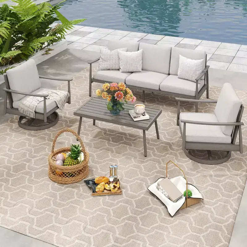 HAPPATIO Ensemble de mobilier de jardin 4 pièces en aluminium avec table basse, fauteuils pivotants et canapé 3 places pour terrasse et piscine