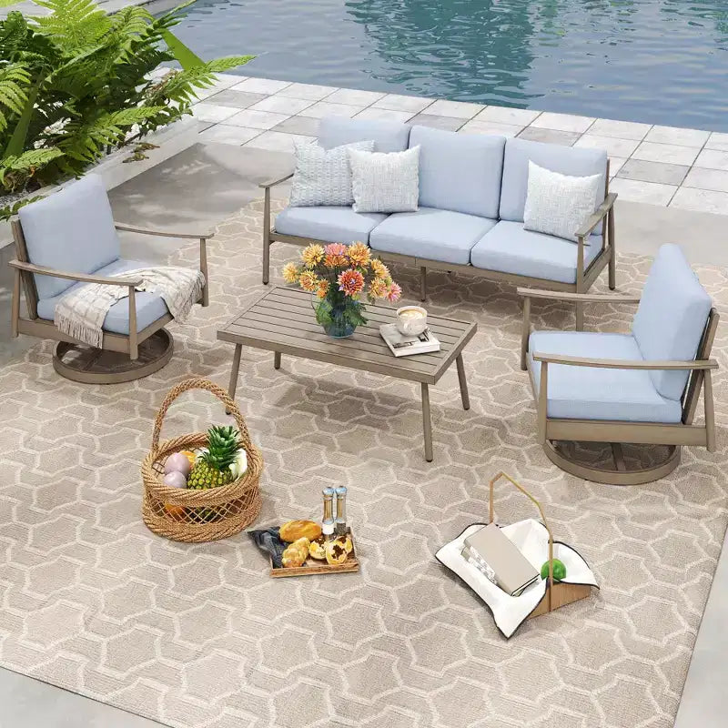 HAPPATIO Ensemble de mobilier de jardin 4 pièces en aluminium avec table basse, fauteuils pivotants et canapé 3 places pour terrasse et piscine