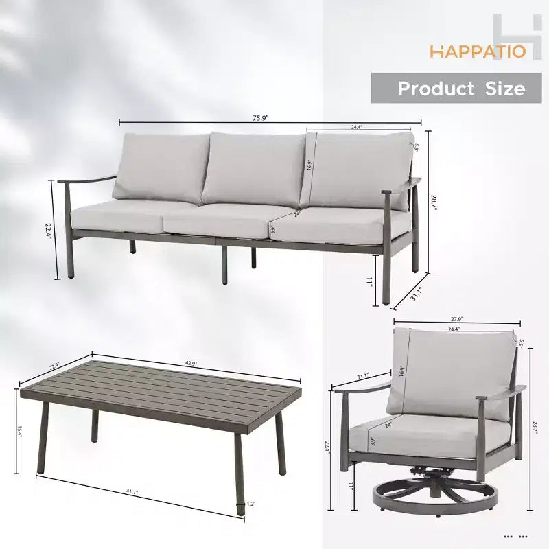 HAPPATIO Ensemble de mobilier de jardin 4 pièces en aluminium avec table basse, fauteuils pivotants et canapé 3 places pour terrasse et piscine