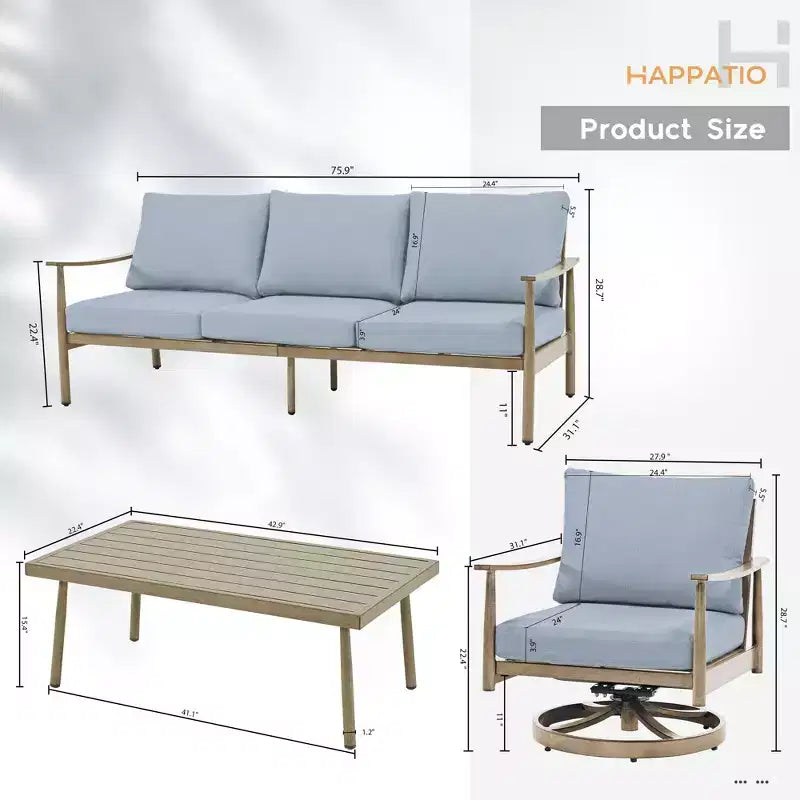 HAPPATIO Ensemble de mobilier de jardin 4 pièces en aluminium avec table basse, fauteuils pivotants et canapé 3 places pour terrasse et piscine
