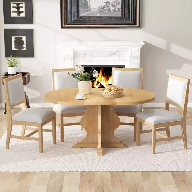 Ensemble de salle à manger 5 pièces en bois Whisen Farmhouse avec 4 chaises rembourrées, table à manger extensible