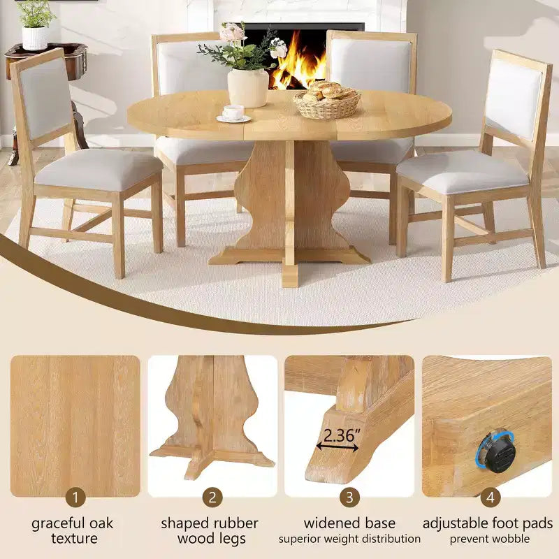 Ensemble de salle à manger 5 pièces en bois Whisen Farmhouse avec 4 chaises rembourrées, table à manger extensible