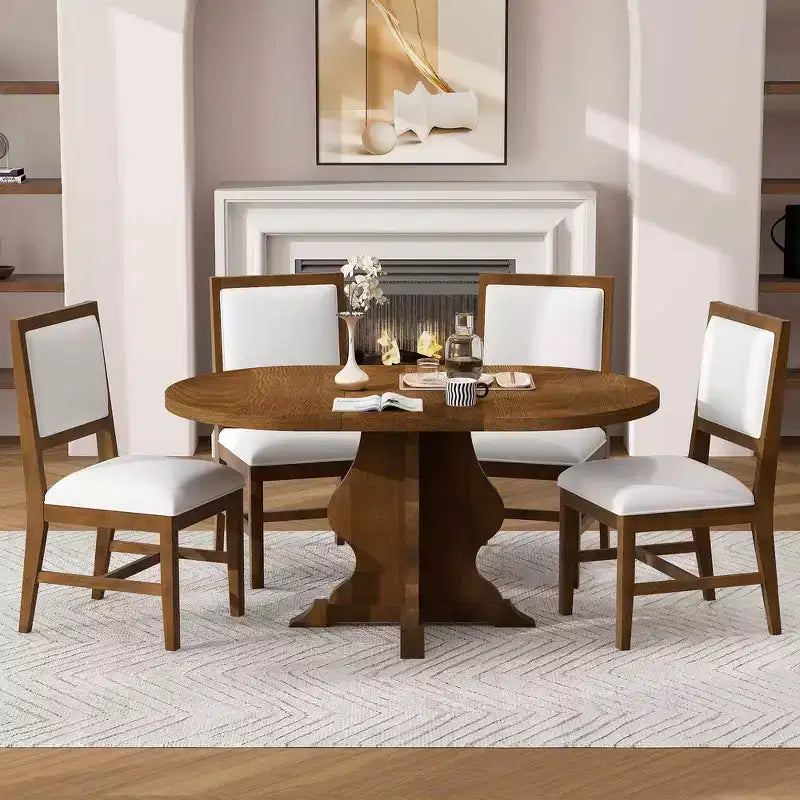 Whisen Farmhouse Wood 5-Piece Dining Table Set with 4 Upholstered Chairs, Extendable Dining Table
