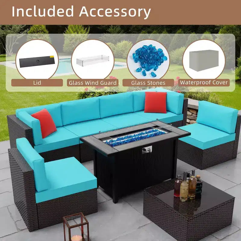 Ensemble de meubles de patio 8 pièces Celebalcony avec table foyer de 45 po. Salon de jardin sectionnel en rotin PE avec coussins rouges