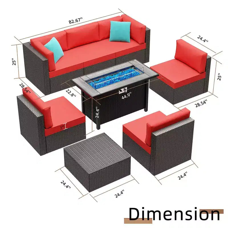 Ensemble de meubles de patio 8 pièces Celebalcony avec table foyer de 45 po. Salon de jardin sectionnel en rotin PE avec coussins rouges